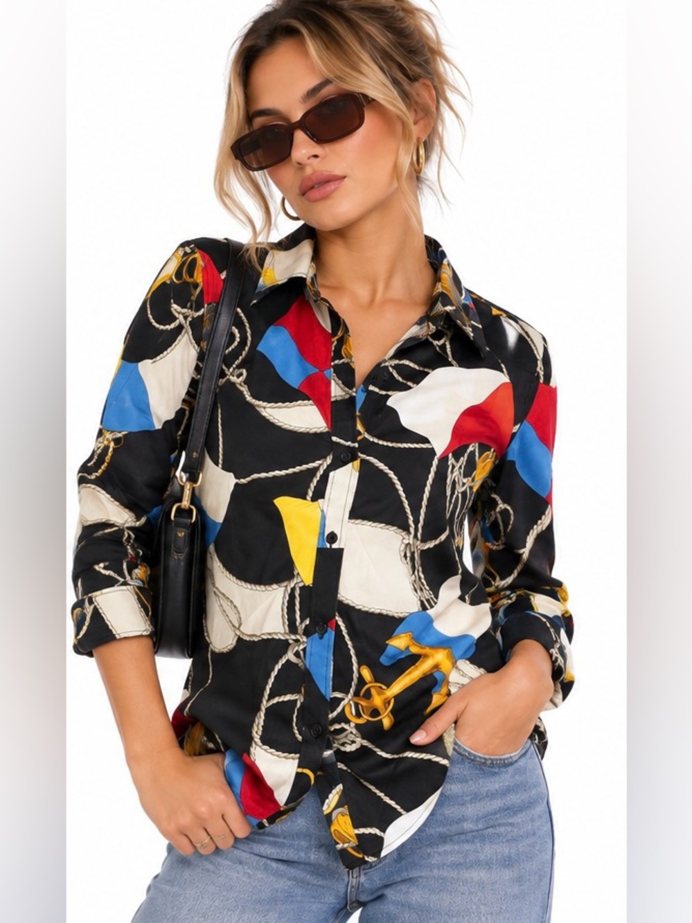 Vintage 90s Lauren Ralph Lauren Nautical Anchor Rope Flag Shirt M